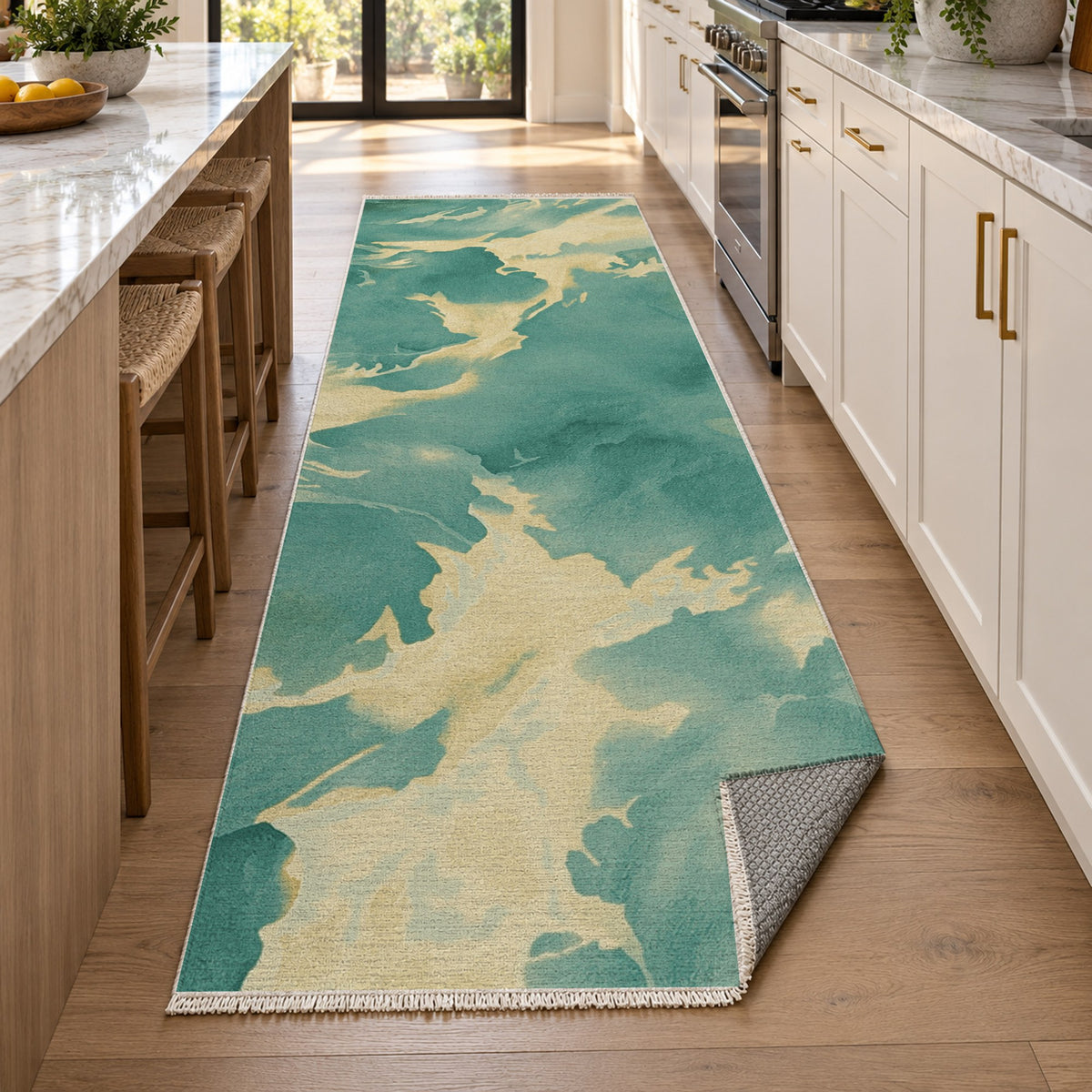 Flowing Mineral Emerald Gold Abstract Washable Rug — new york kitchen runner