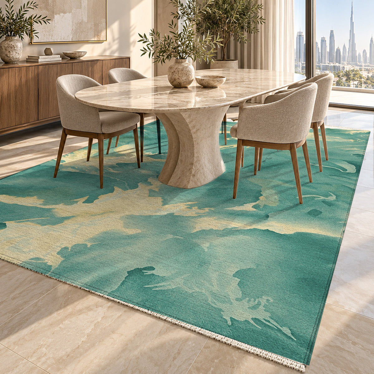 Flowing Mineral Emerald Gold Abstract Washable Rug — dubai dining