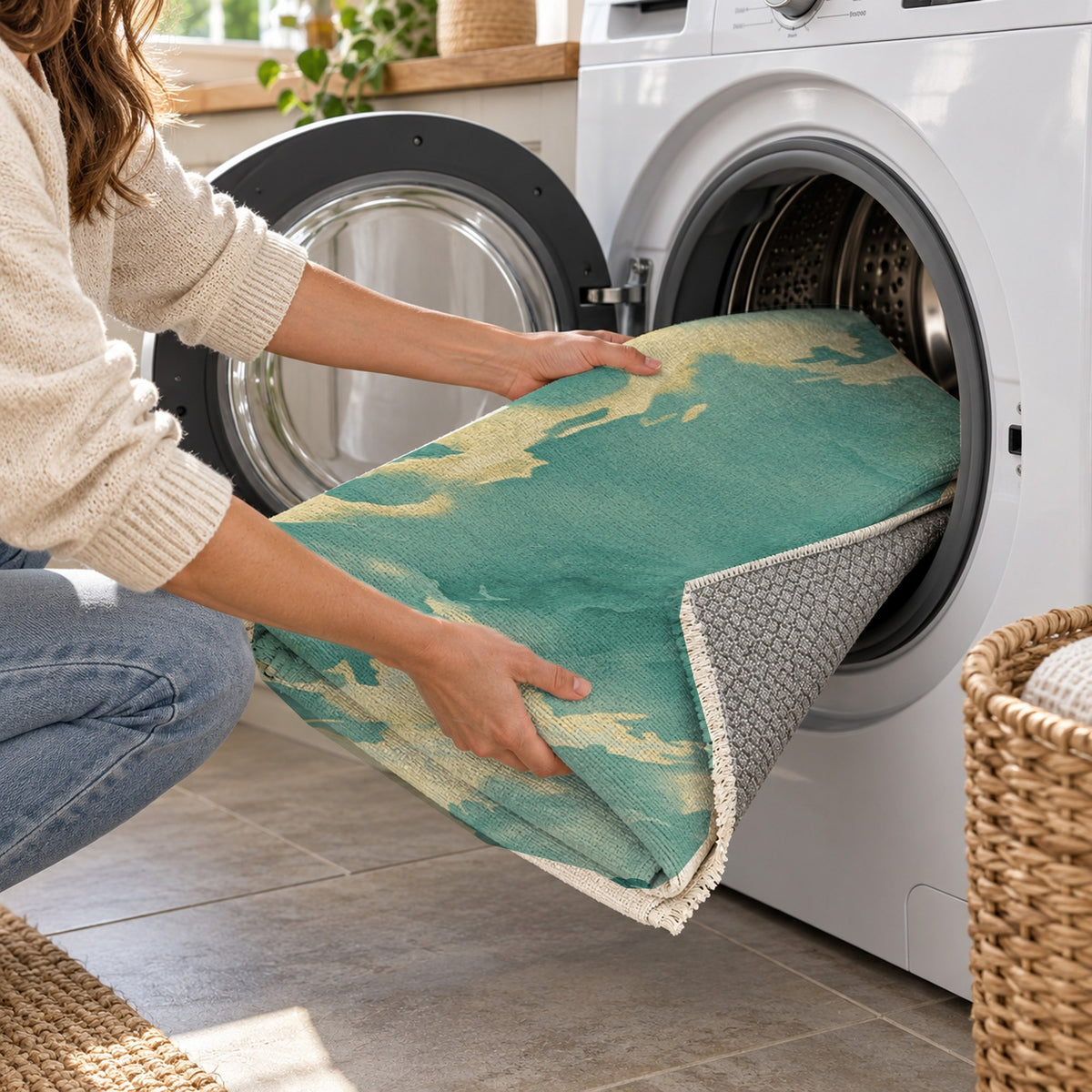 Flowing Mineral Emerald Gold Abstract Washable Rug — washing machine