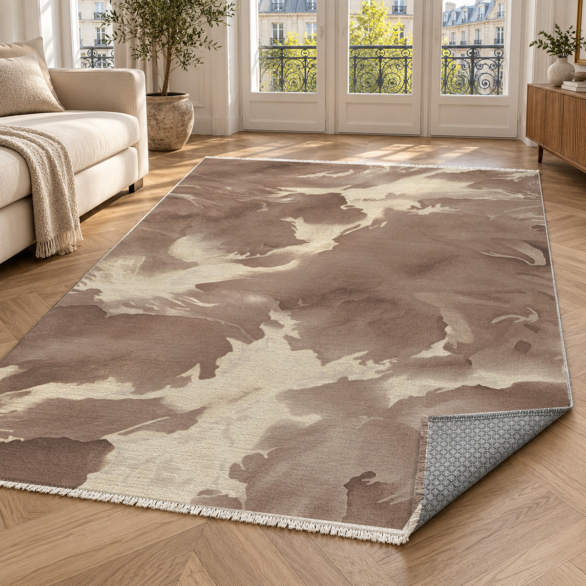 Flowing Mineral Mocha Cream Abstract Washable Rug — paris living