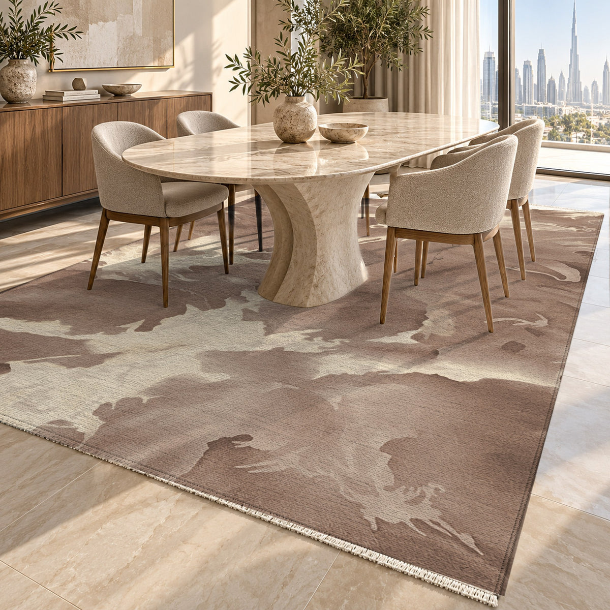 Flowing Mineral Mocha Cream Abstract Washable Rug — dubai dining