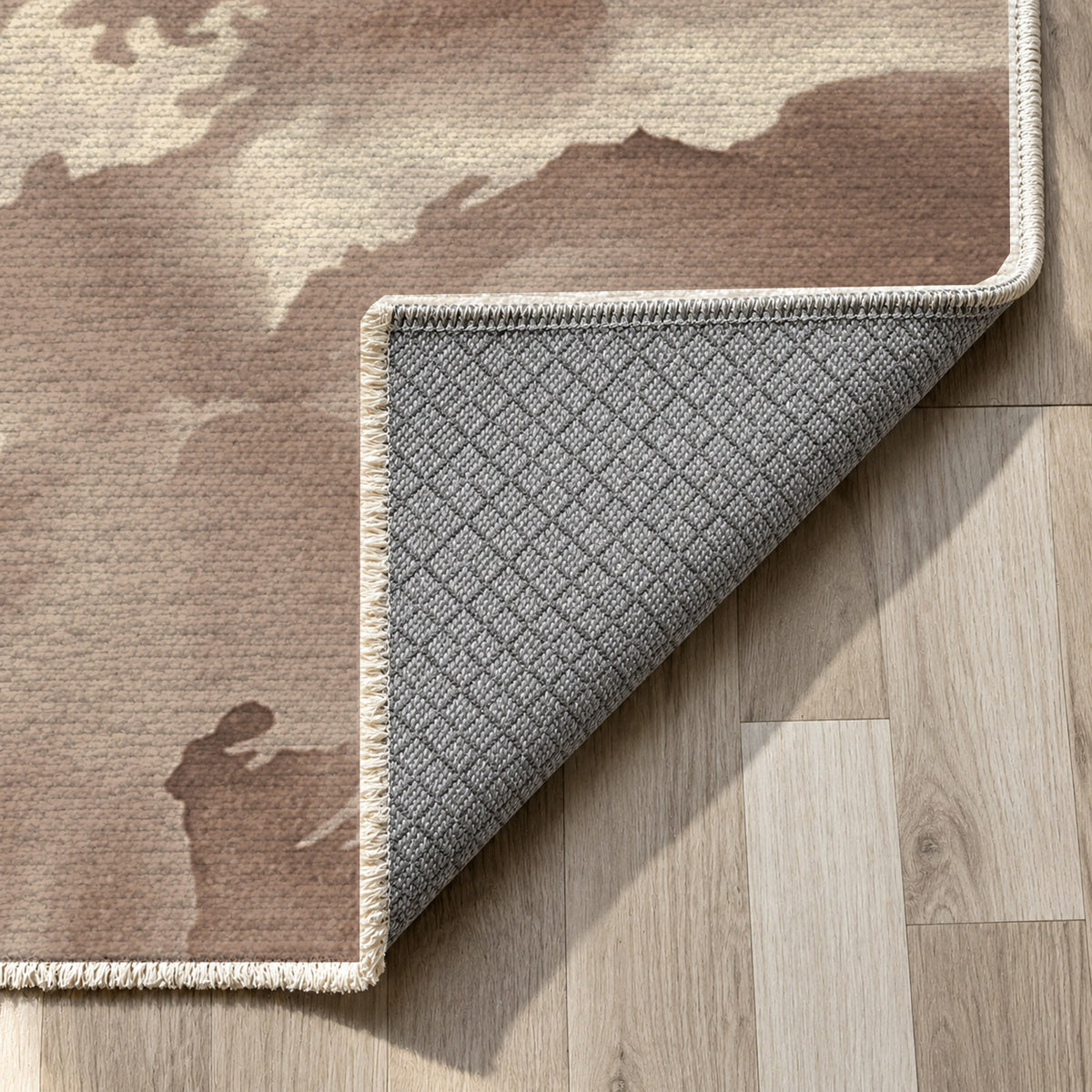 Flowing Mineral Mocha Cream Abstract Washable Rug — backing close up