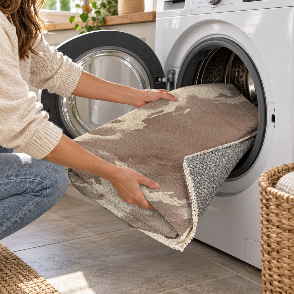 Flowing Mineral Mocha Cream Abstract Washable Rug — washing machine
