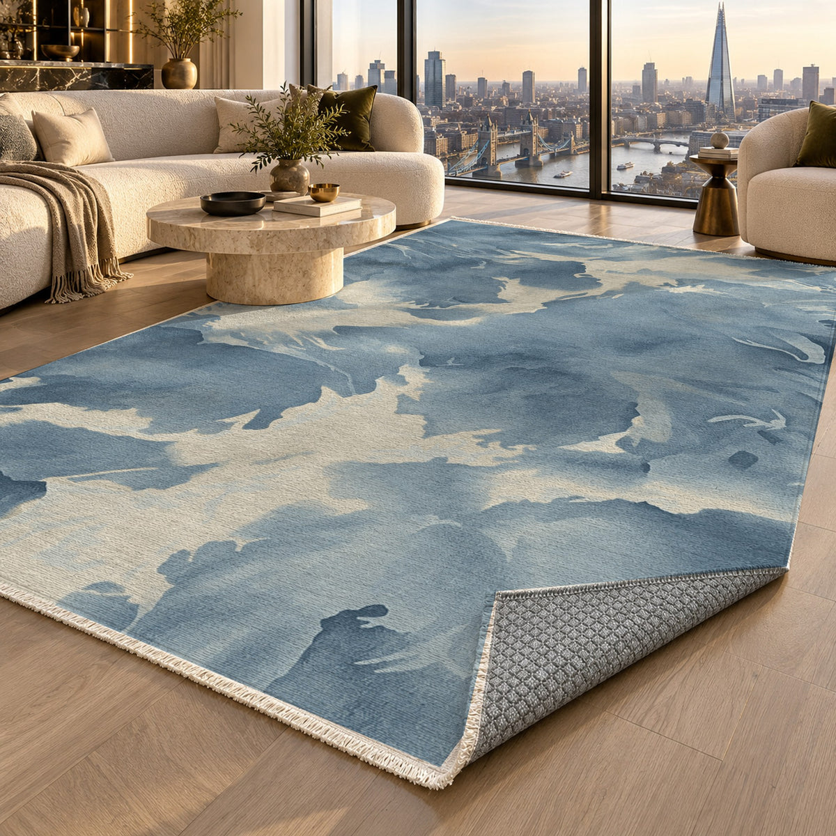 Flowing Mineral Navy Pearl Abstract Washable Rug — london luxury living