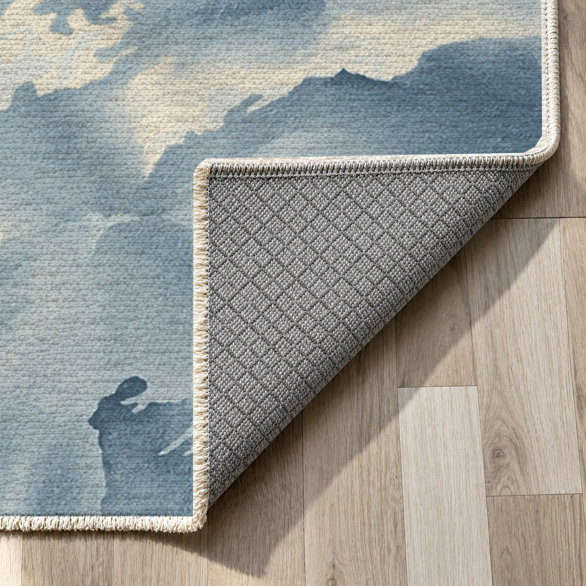 Flowing Mineral Navy Pearl Abstract Washable Rug — backing close up