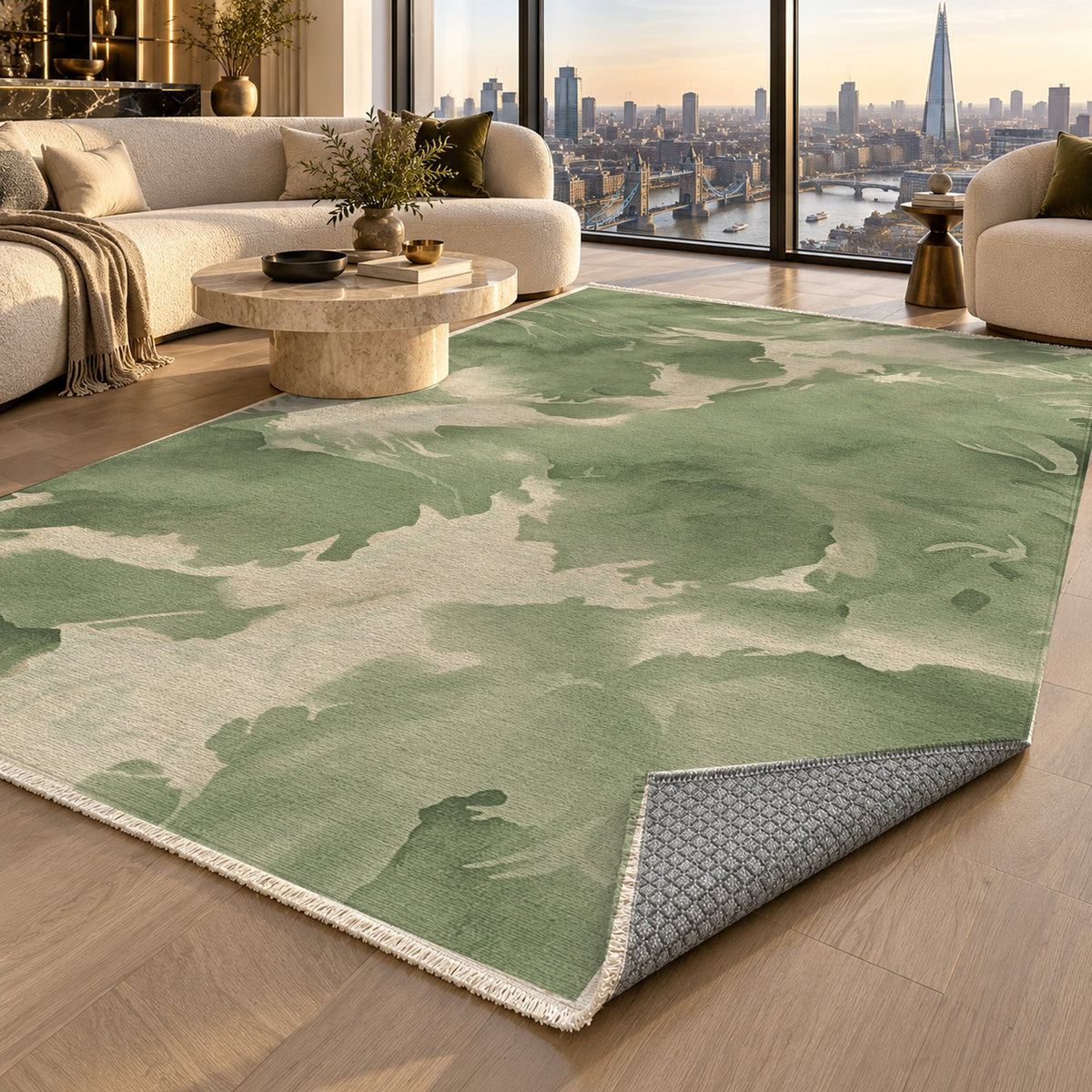 Flowing Mineral Olive Sand Abstract Washable Rug — london luxury living