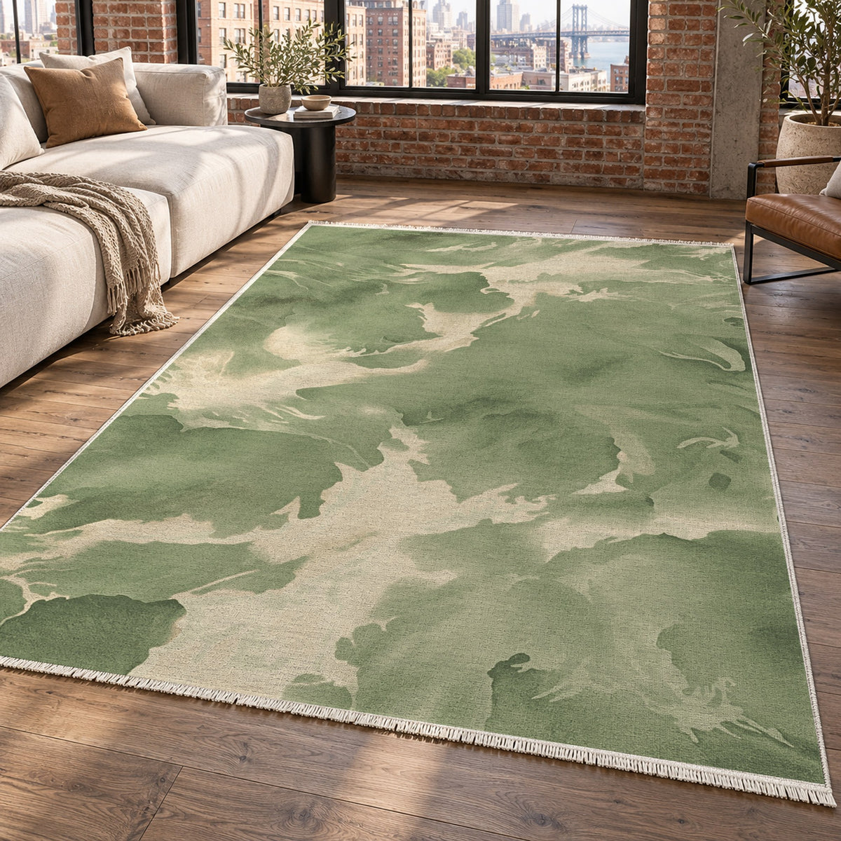 Flowing Mineral Olive Sand Abstract Washable Rug — new york living
