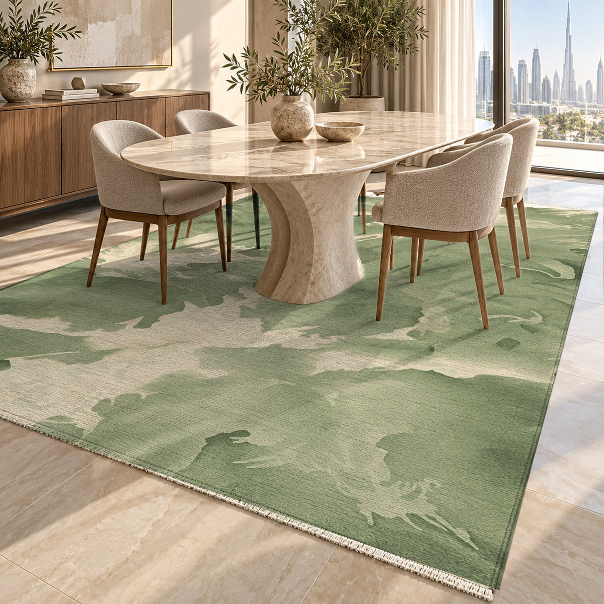 Flowing Mineral Olive Sand Abstract Washable Rug — dubai dining