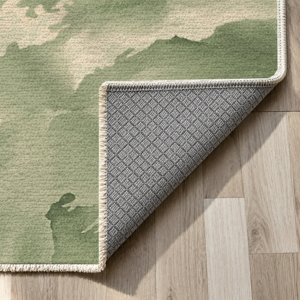 Flowing Mineral Olive Sand Abstract Washable Rug — backing close up