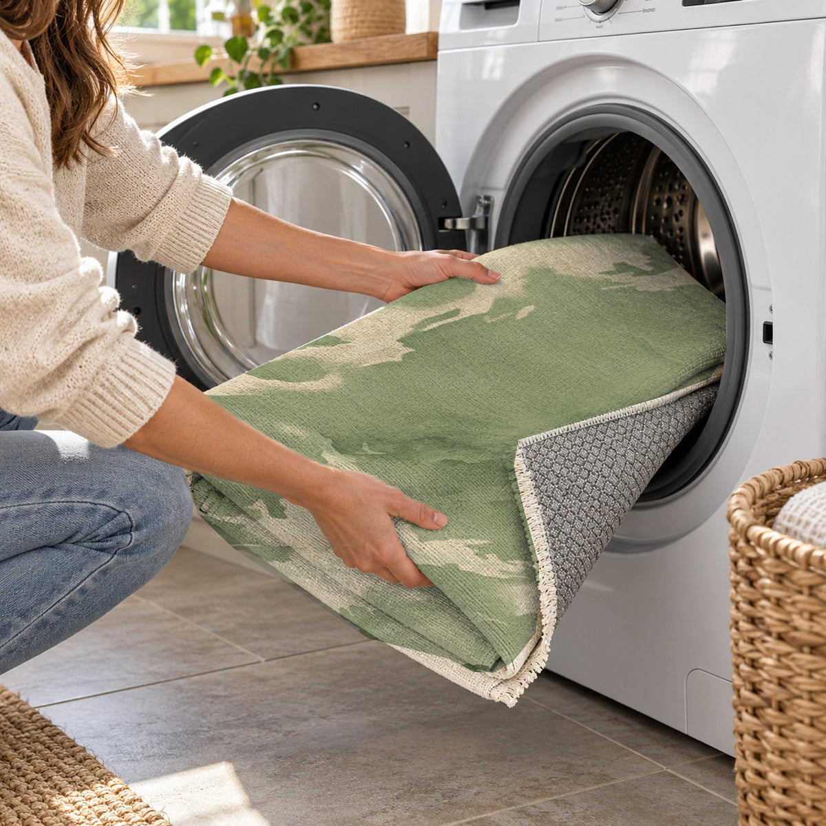 Flowing Mineral Olive Sand Abstract Washable Rug — washing machine