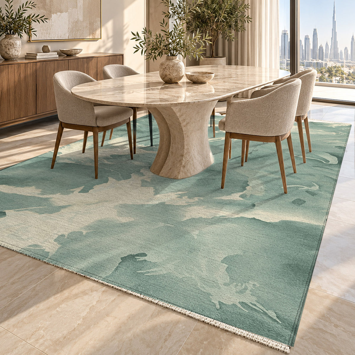 Flowing Mineral Sage Ivory Abstract Washable Rug — dubai dining