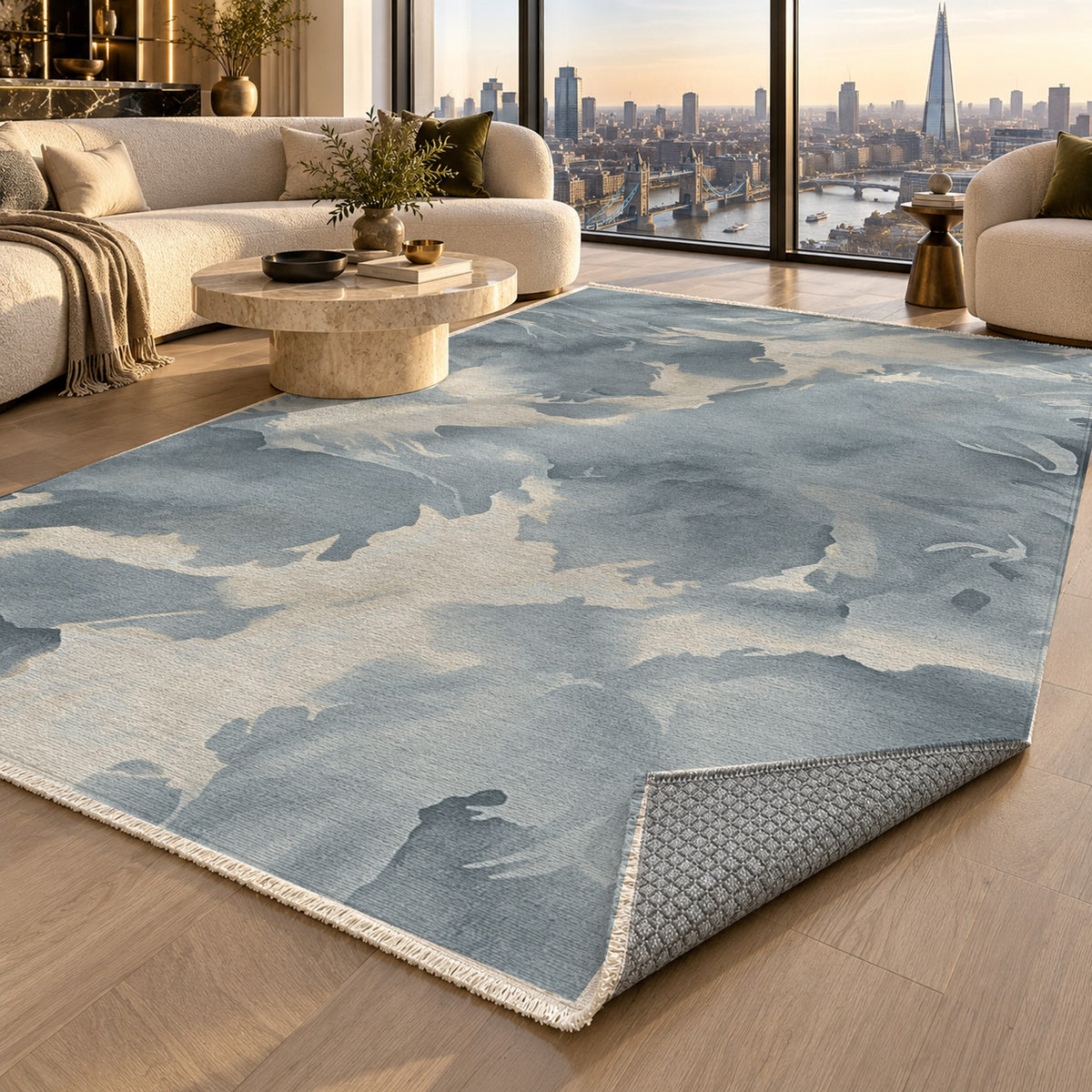 Flowing Mineral Slate Silver Abstract Washable Rug — london luxury living