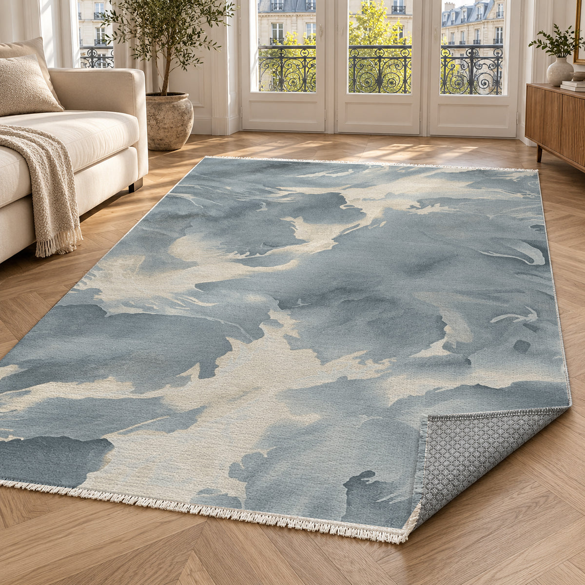 Flowing Mineral Slate Silver Abstract Washable Rug — paris living