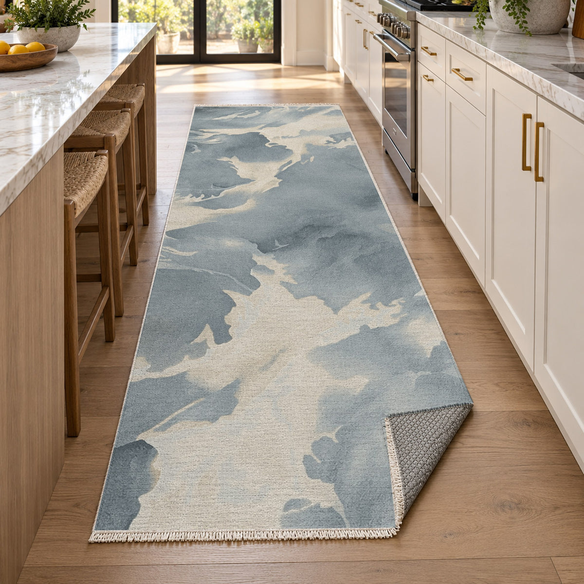 Flowing Mineral Slate Silver Abstract Washable Rug — new york kitchen runner