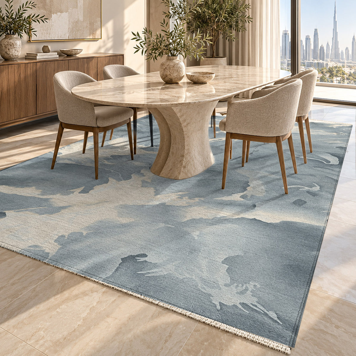 Flowing Mineral Slate Silver Abstract Washable Rug — dubai dining