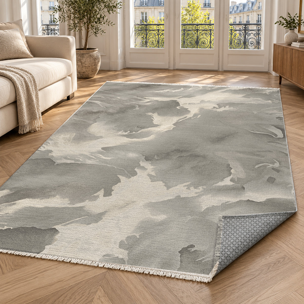 Flowing Mineral Taupe Cream Abstract Washable Rug — paris living