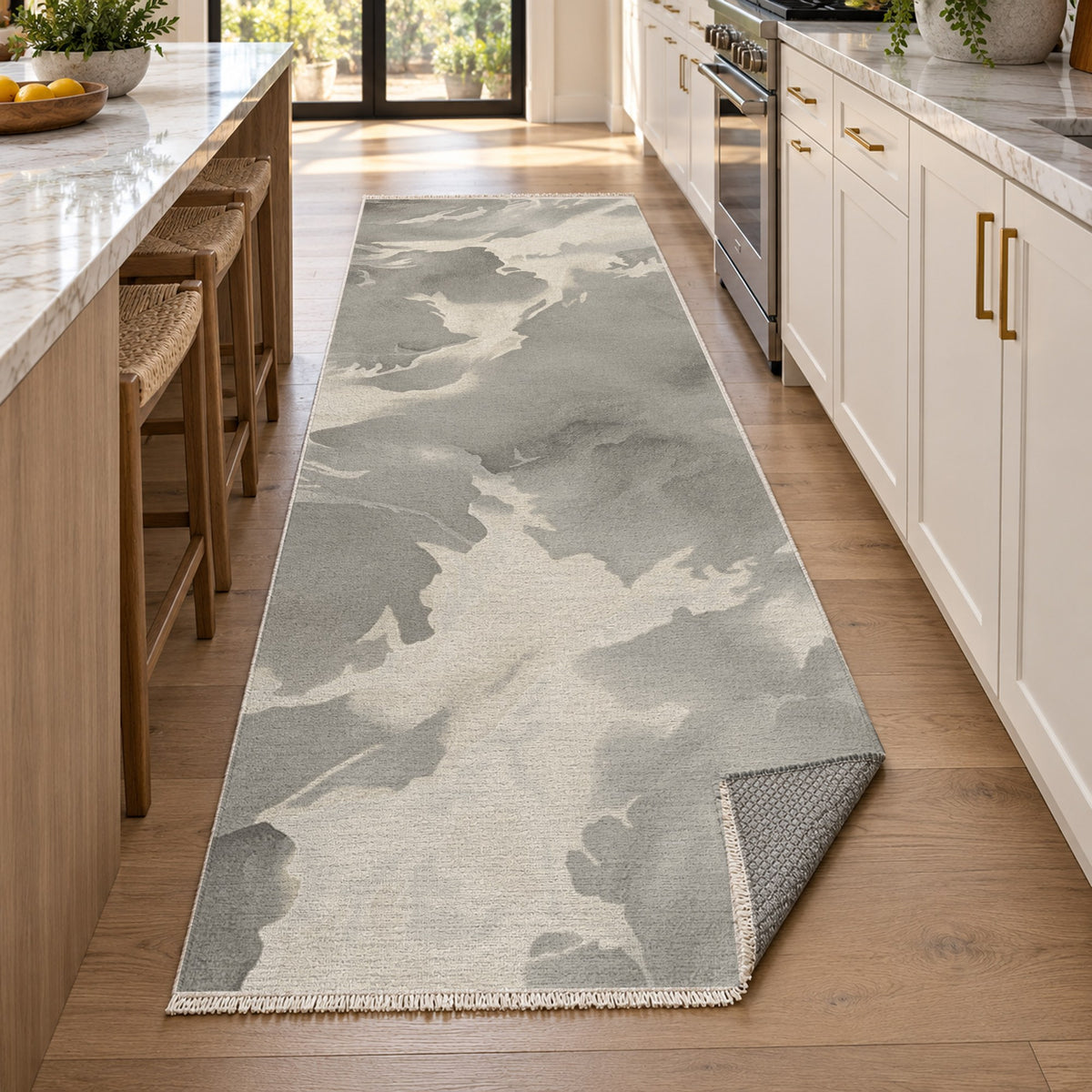 Flowing Mineral Taupe Cream Abstract Washable Rug — new york kitchen runner