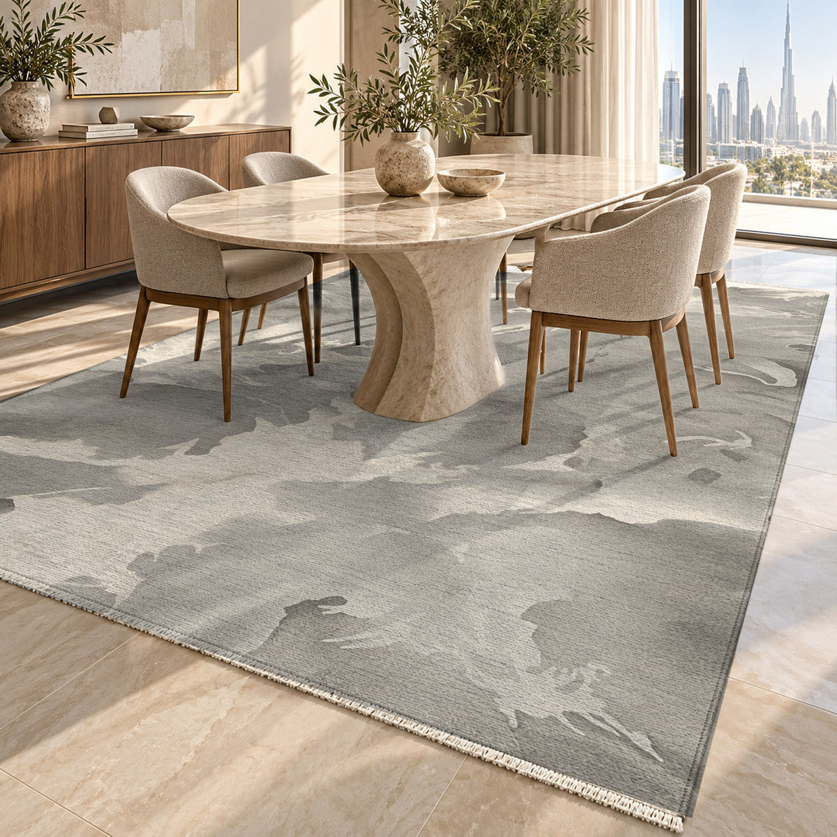 Flowing Mineral Taupe Cream Abstract Washable Rug — dubai dining