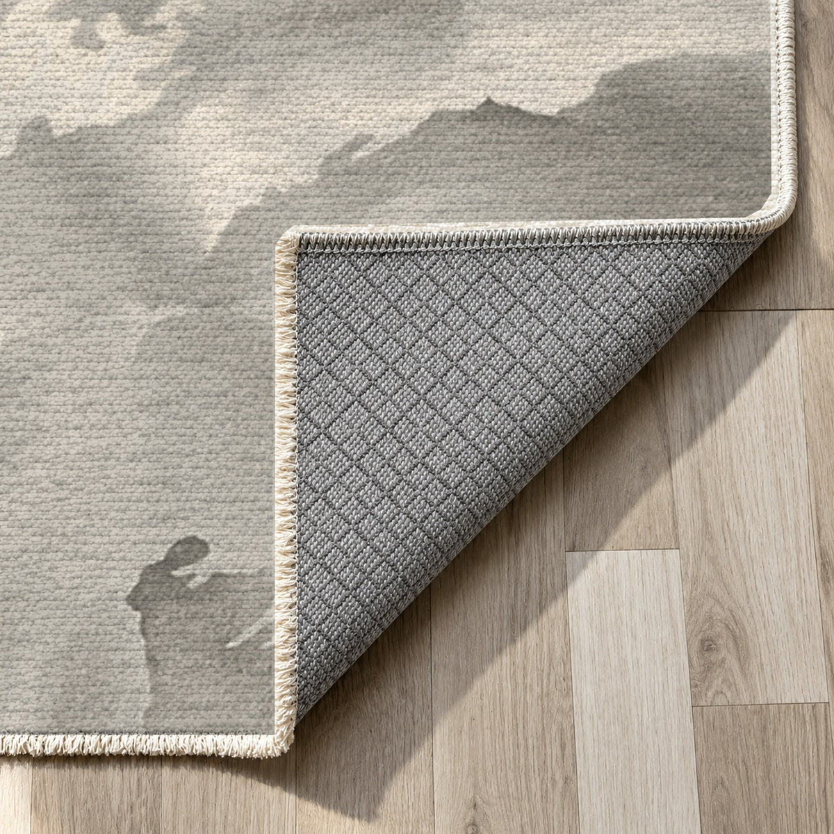 Flowing Mineral Taupe Cream Abstract Washable Rug — backing close up