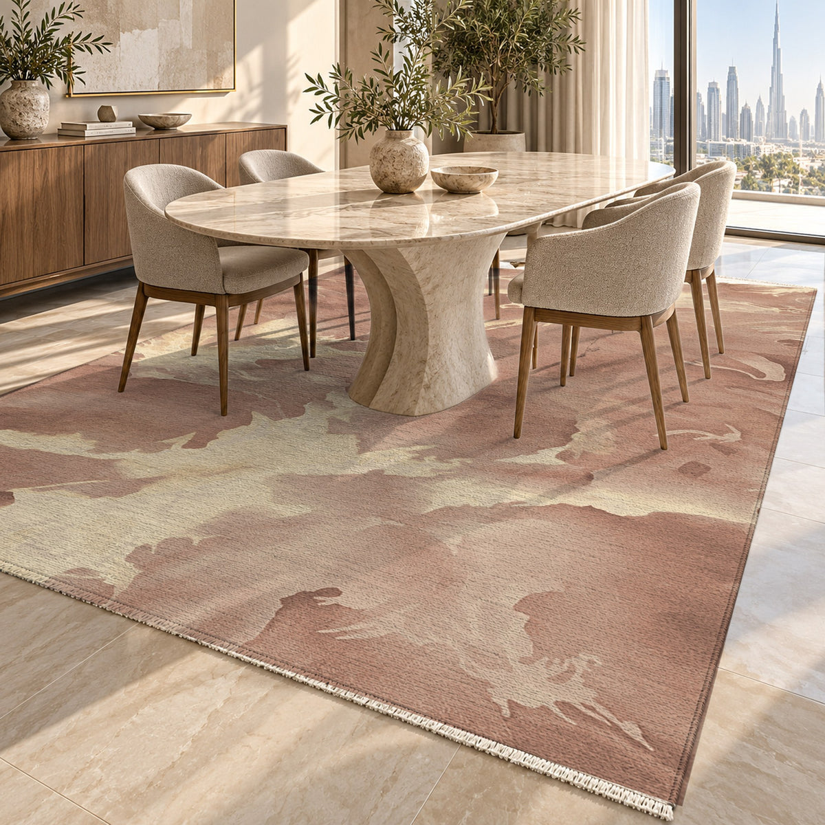 Flowing Mineral Terracotta Sand Abstract Washable Rug — dubai dining