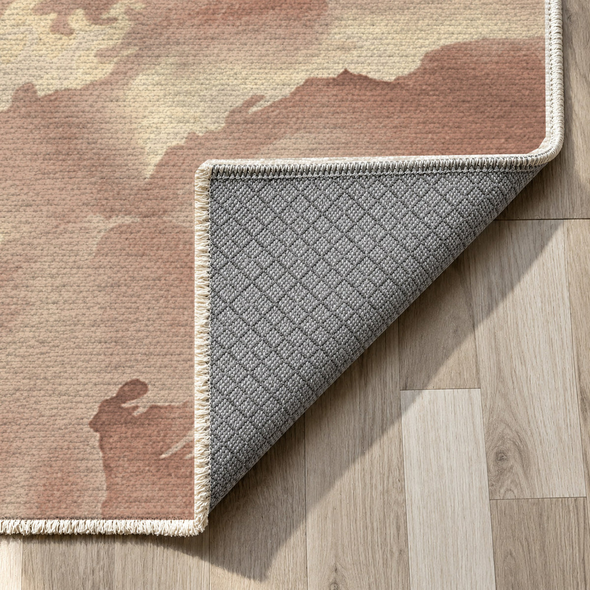 Flowing Mineral Terracotta Sand Abstract Washable Rug — backing close up