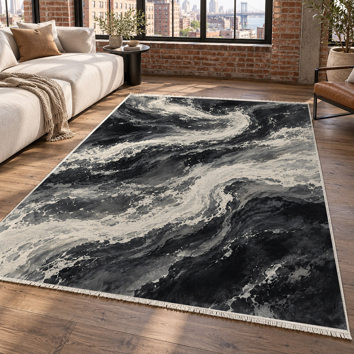 Foam Trails Charcoal Abstract Washable Rug — new york living