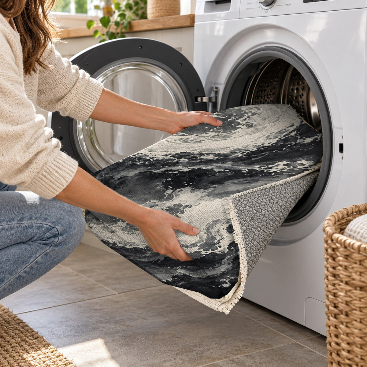 Foam Trails Charcoal Abstract Washable Rug — washing machine