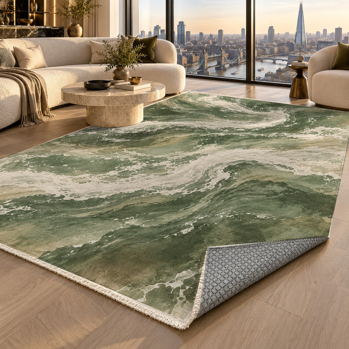Foam Trails Sage Abstract Washable Rug — london luxury living