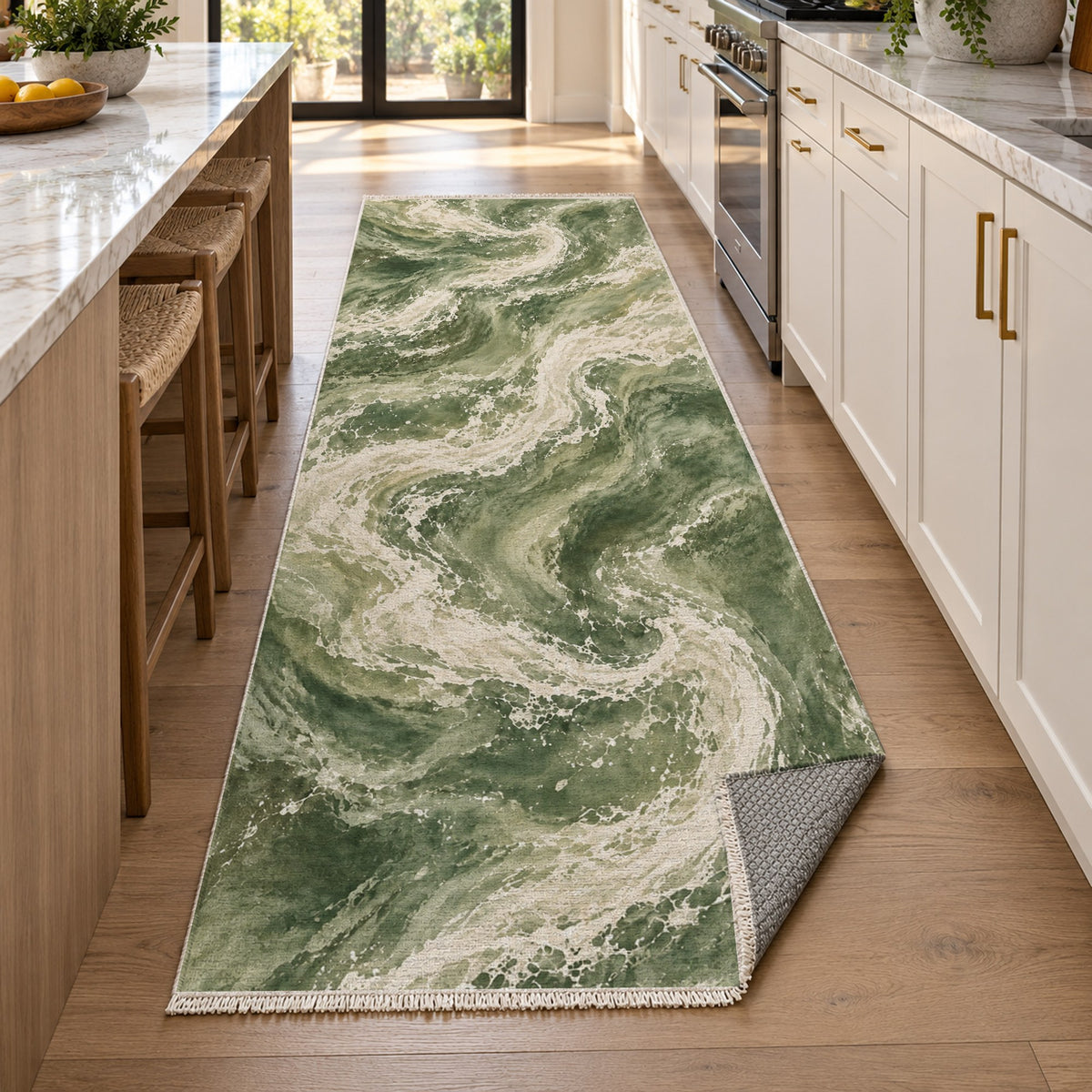 Foam Trails Sage Abstract Washable Rug — new york kitchen runner