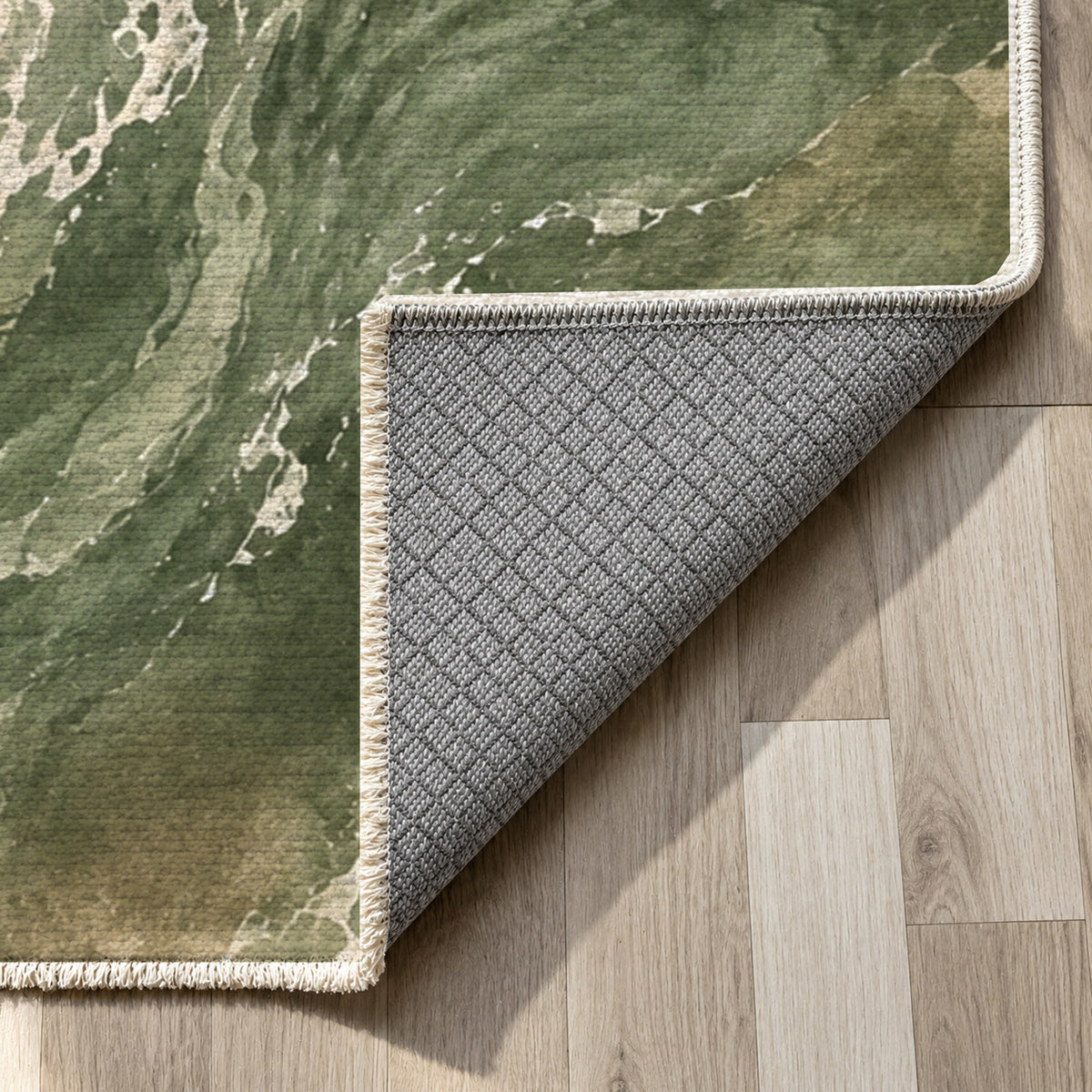 Foam Trails Sage Abstract Washable Rug — backing close up