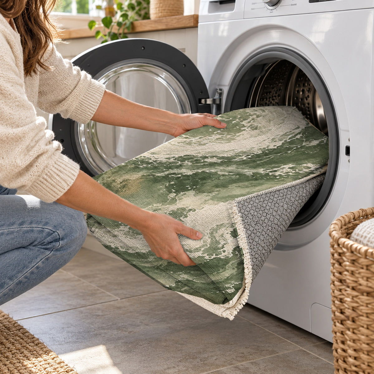 Foam Trails Sage Abstract Washable Rug — washing machine