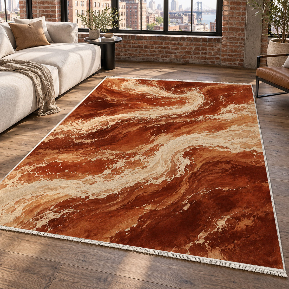 Foam Trails Terracotta Abstract Washable Rug — new york living