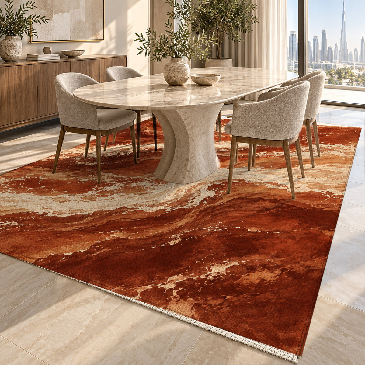 Foam Trails Terracotta Abstract Washable Rug — dubai dining