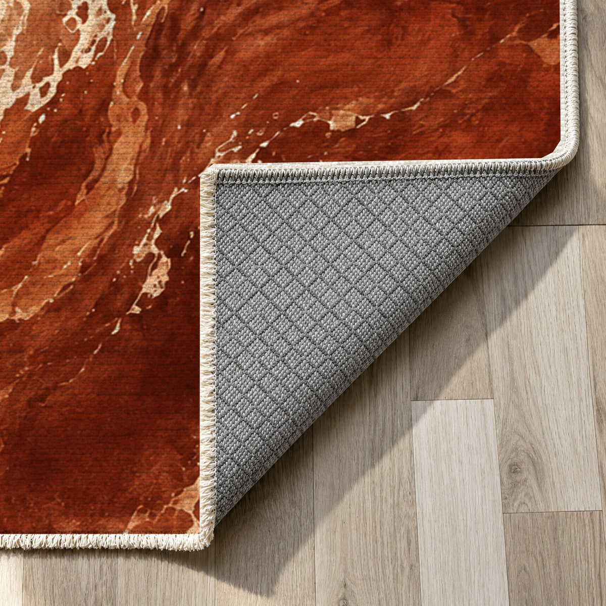 Foam Trails Terracotta Abstract Washable Rug — backing close up