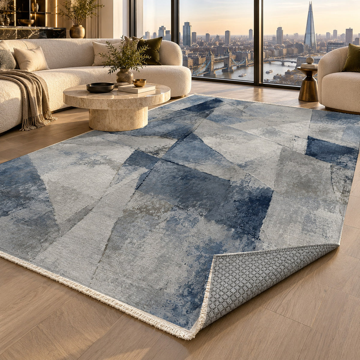 Fractured Light Blue Grey Abstract Washable Rug — london luxury living
