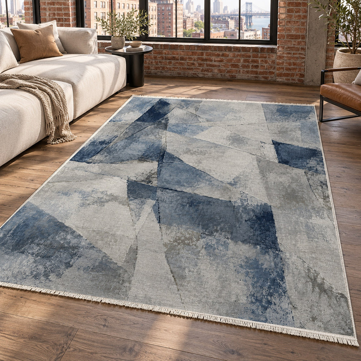 Fractured Light Blue Grey Abstract Washable Rug — new york living