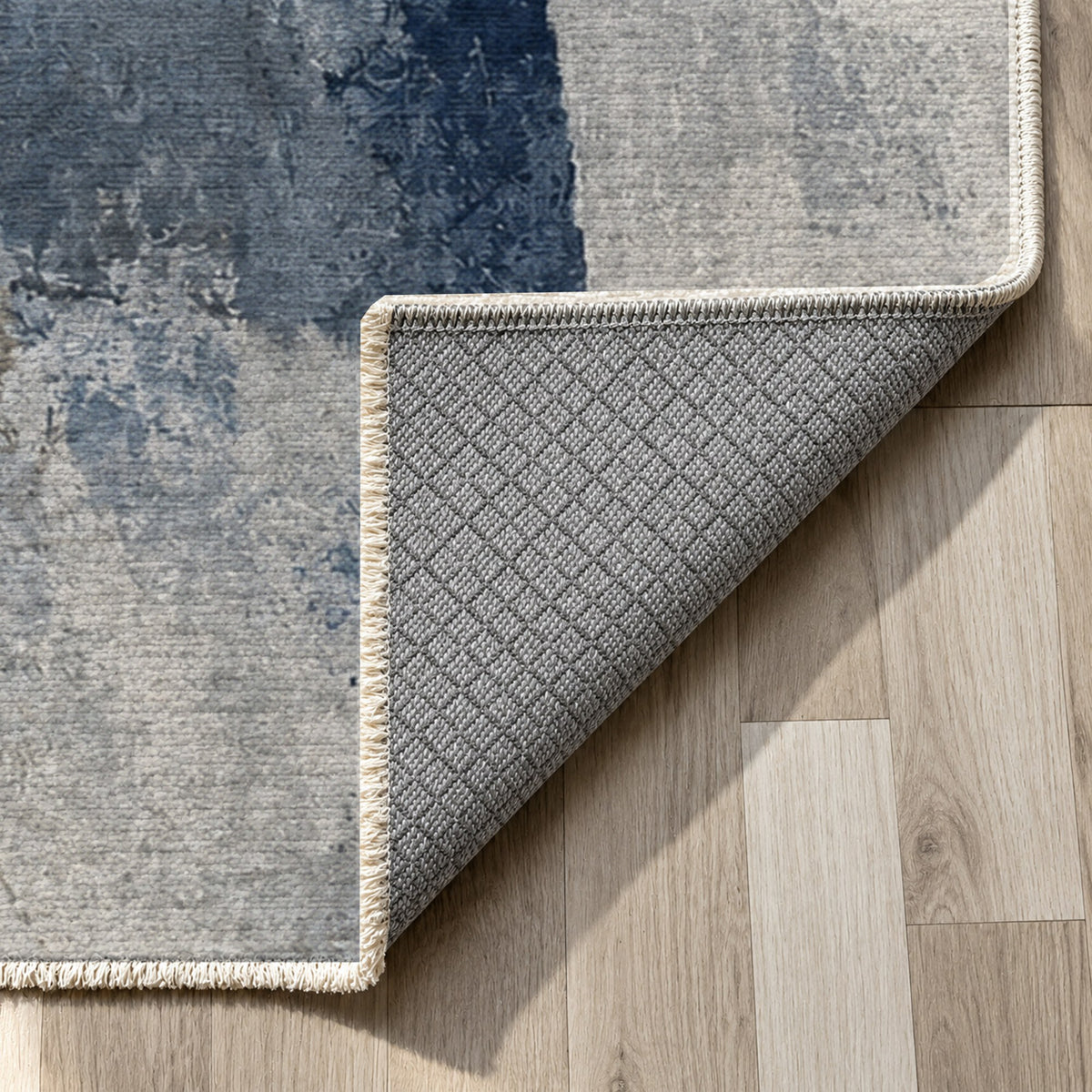 Fractured Light Blue Grey Abstract Washable Rug — backing close up