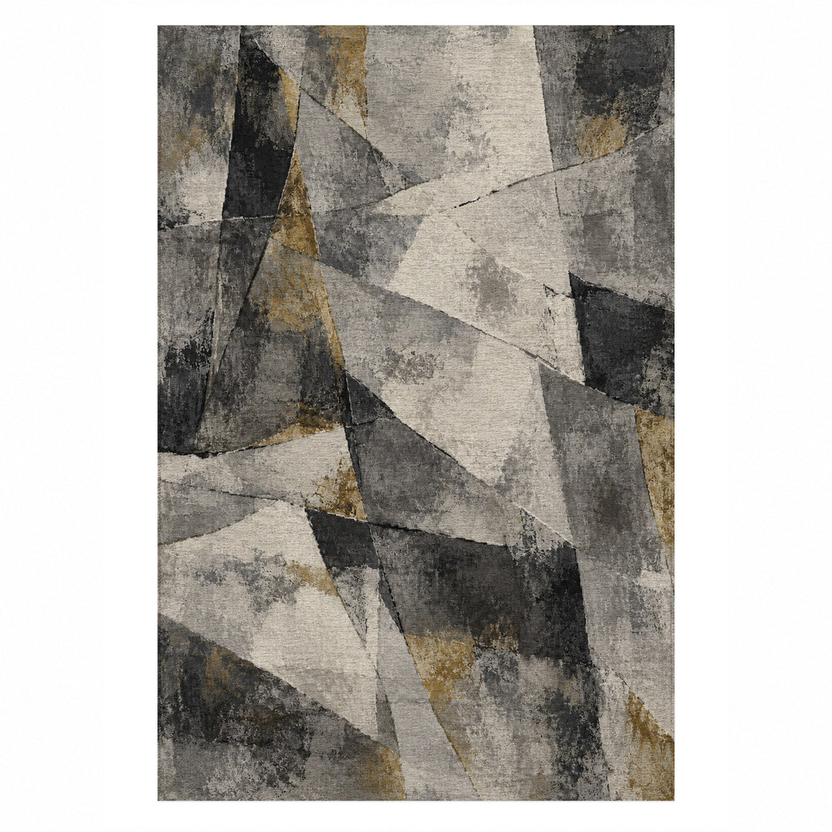 Fractured Light Charcoal Gold Abstract Washable Rug — top view