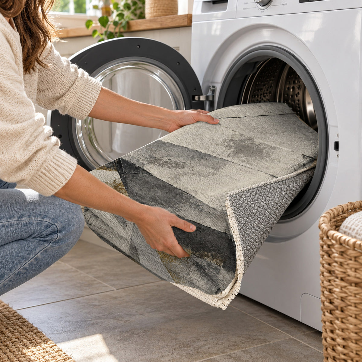 Fractured Light Charcoal Gold Abstract Washable Rug — washing machine