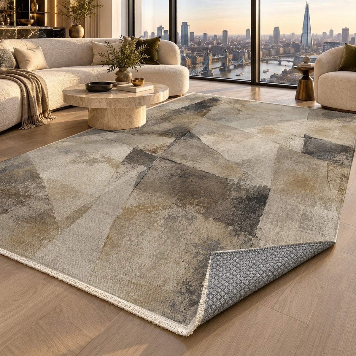 Fractured Light Ivory Taupe Abstract Washable Rug — london luxury living