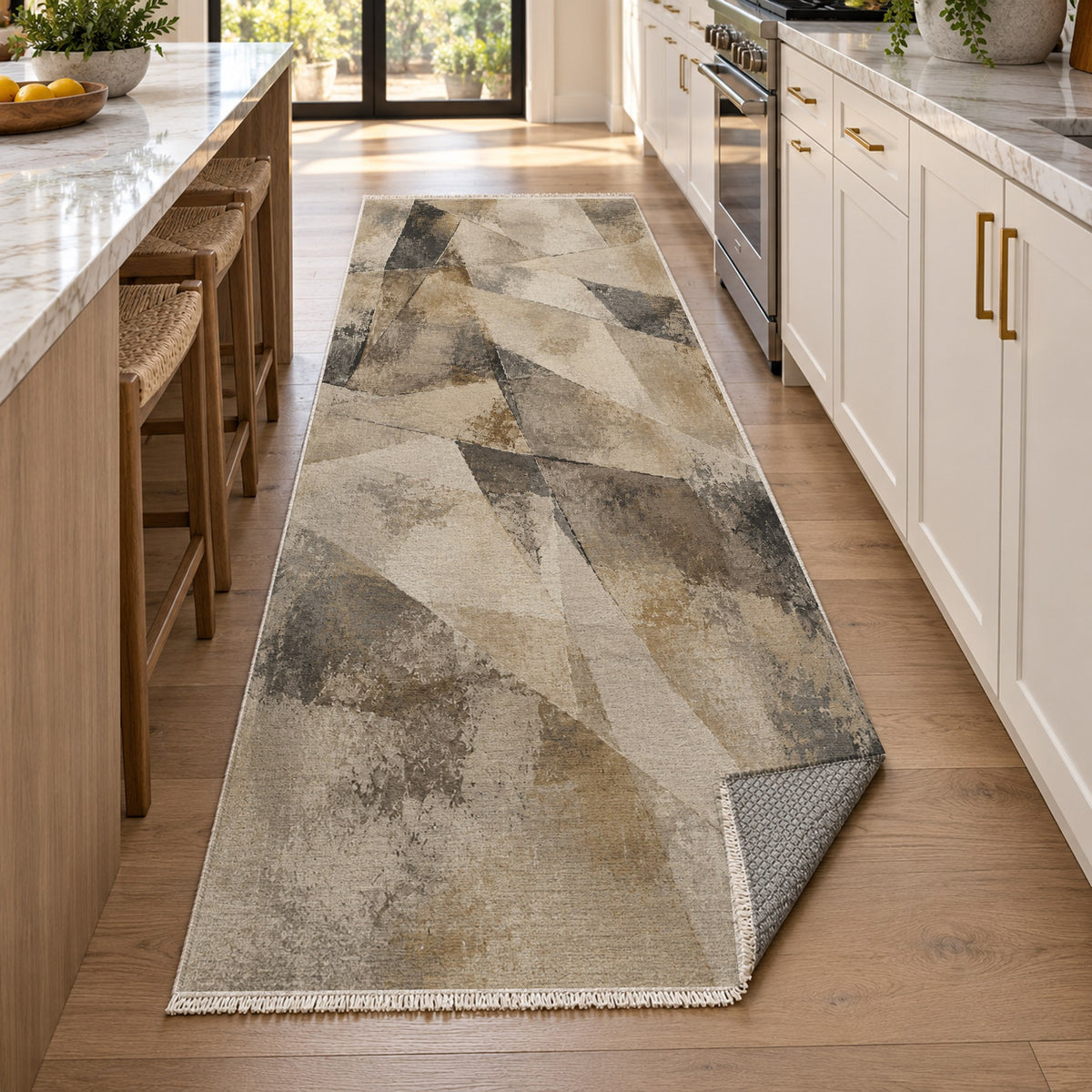 Fractured Light Ivory Taupe Abstract Washable Rug — new york kitchen runner