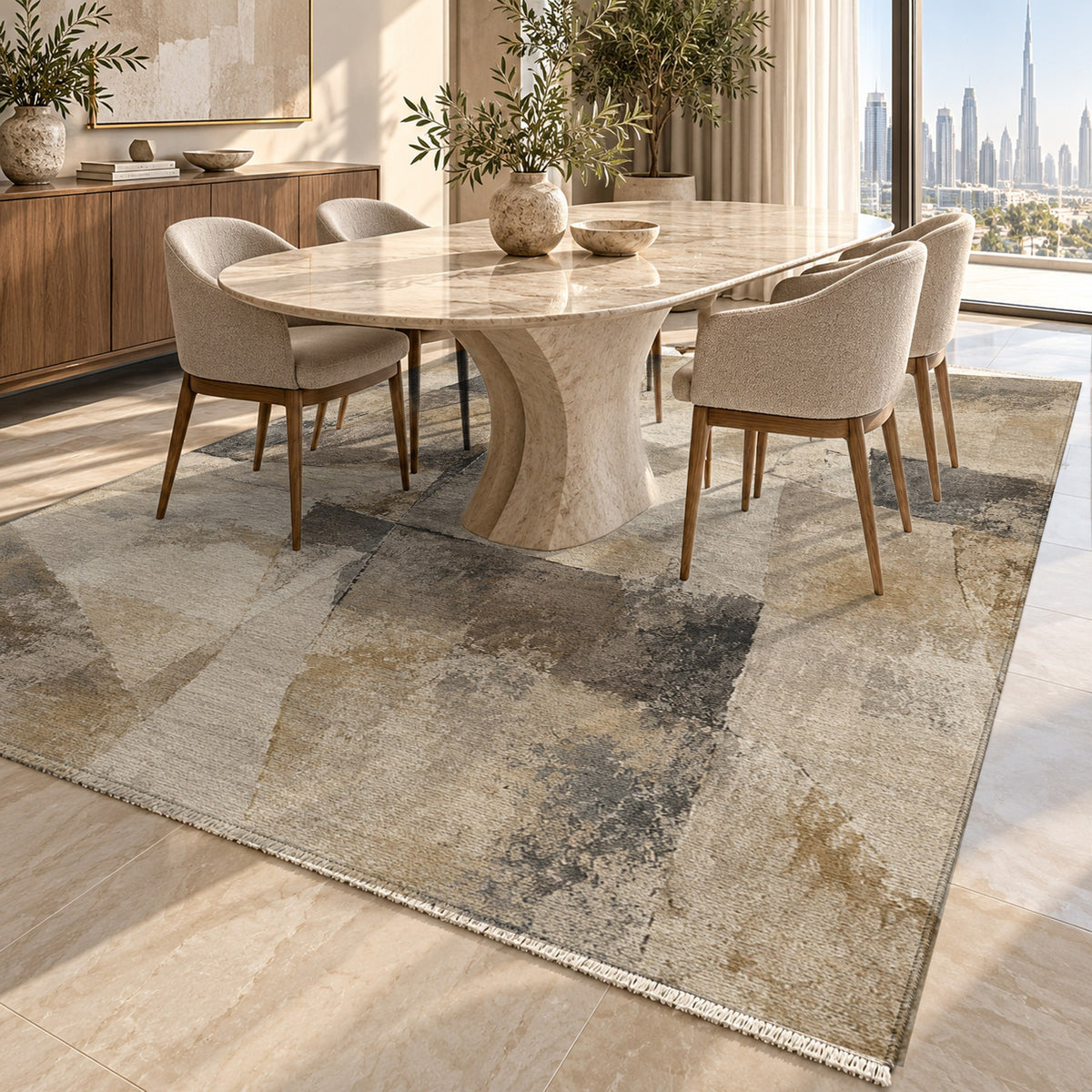 Fractured Light Ivory Taupe Abstract Washable Rug — dubai dining