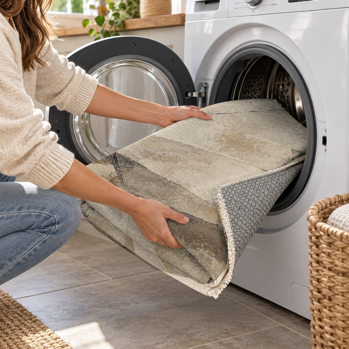 Fractured Light Ivory Taupe Abstract Washable Rug — washing machine