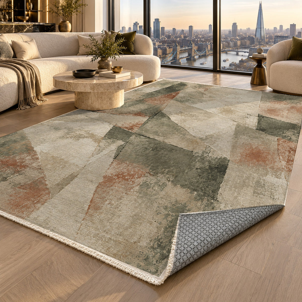 Fractured Light Sage Clay Abstract Washable Rug — london luxury living
