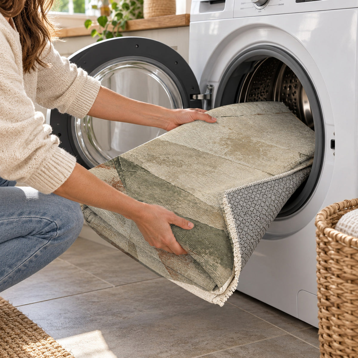 Fractured Light Sage Clay Abstract Washable Rug — washing machine