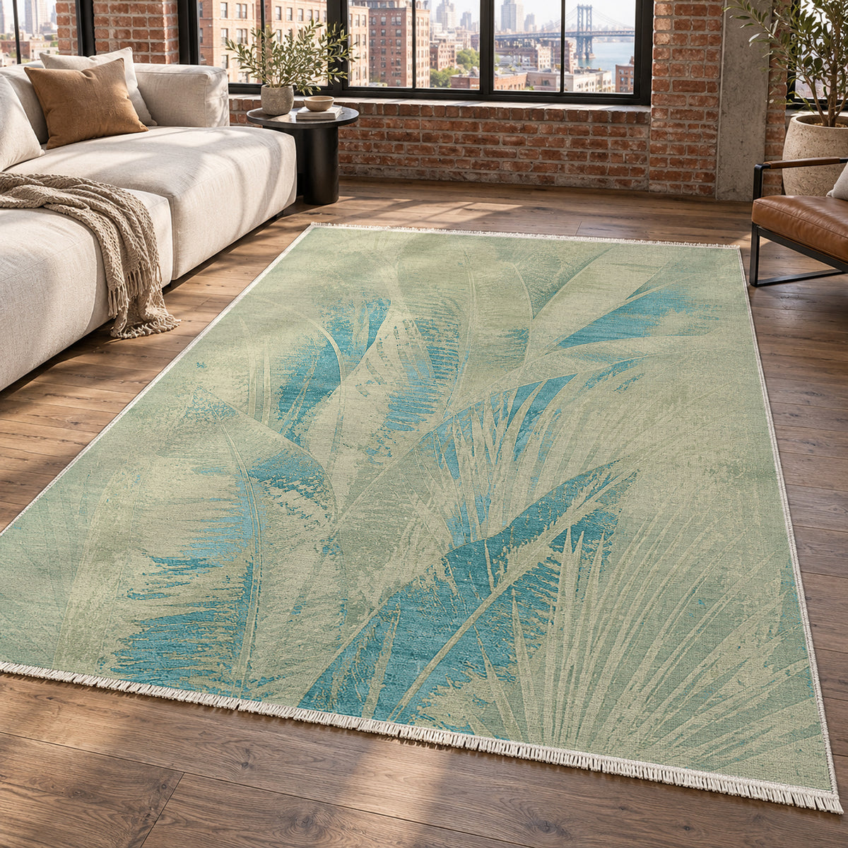 Frond Aqua Abstract Washable Rug — new york living