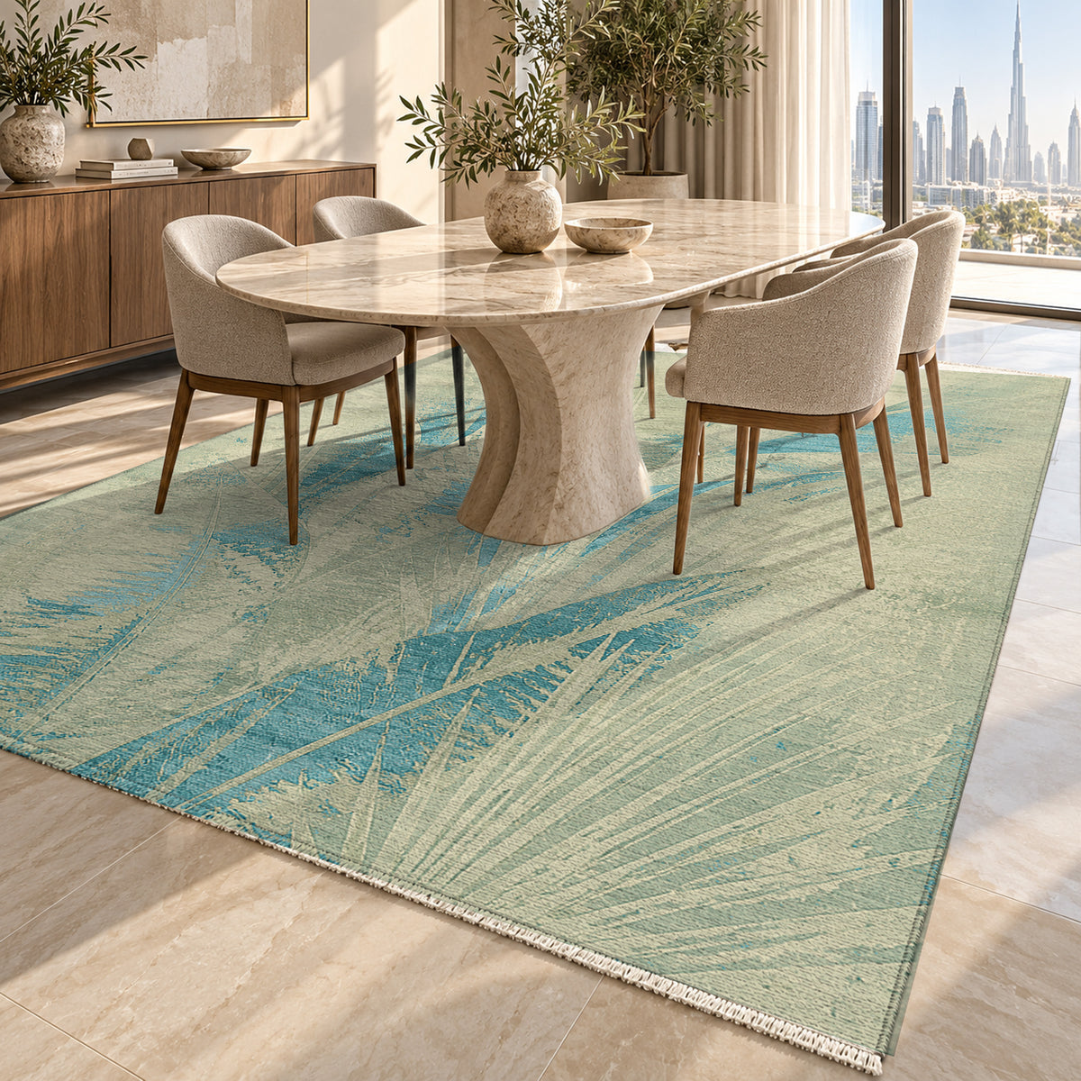 Frond Aqua Abstract Washable Rug — dubai dining