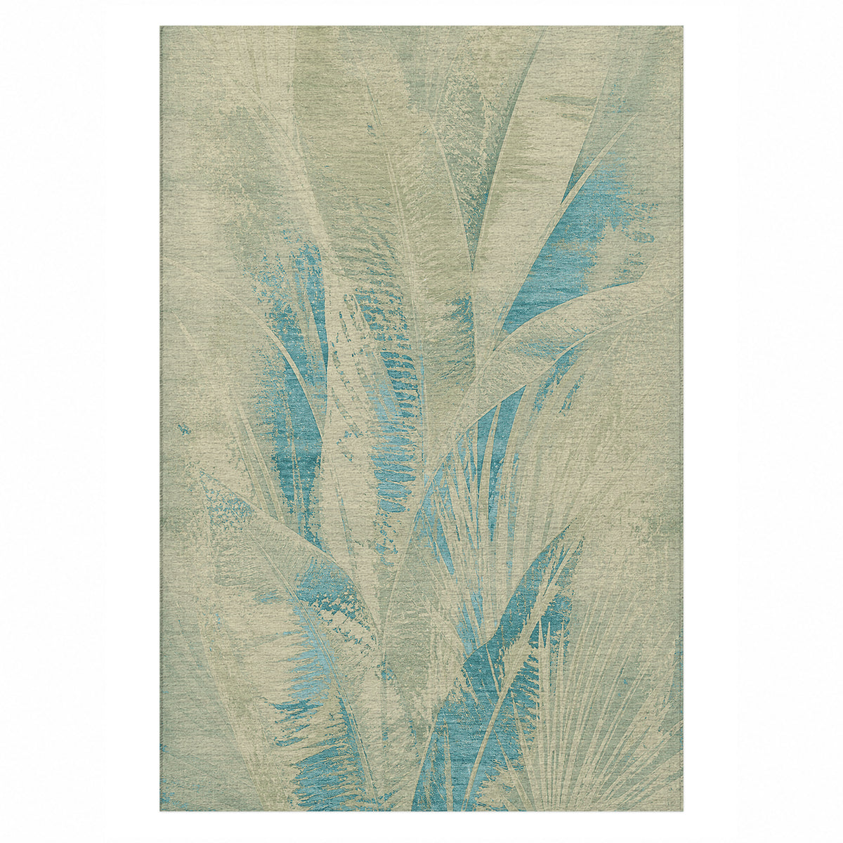 Frond Aqua Abstract Washable Rug — top view