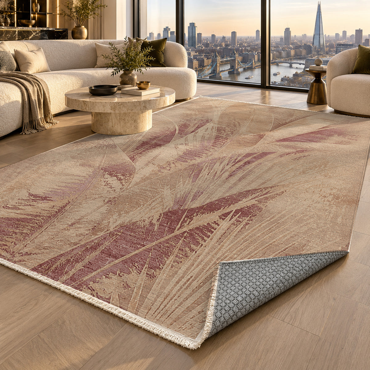 Frond Terracotta Abstract Washable Rug — london luxury living