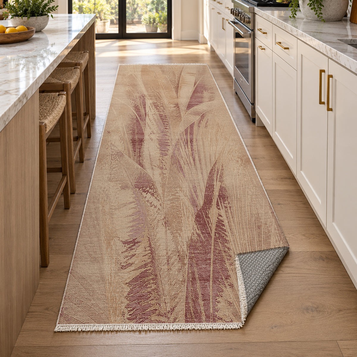 Frond Terracotta Abstract Washable Rug — new york kitchen runner